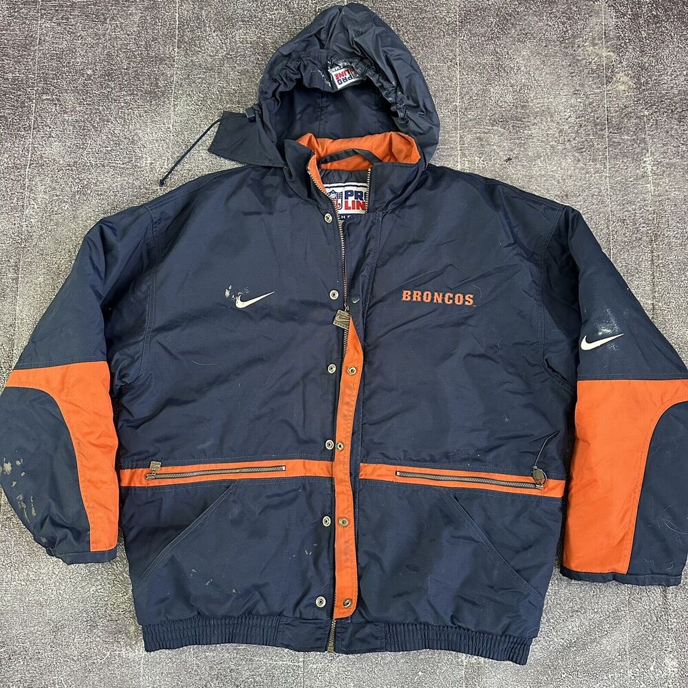 Men's Vintage 90's Nike Denver Broncos Navy Blue Orange Puffer Jacket Sz L (Y2K)